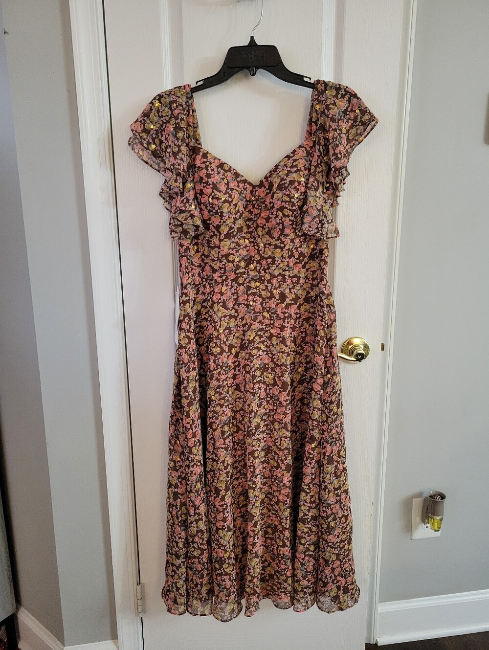 NWT Azazie Atelier Rileigh Pink Floral Midi Dress 8 Foil Accents Flutter Sleeve